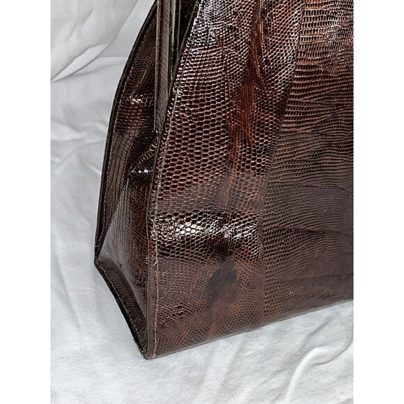 Vintage 50's Tegu Lizard Skin Kelly Hand Bag Mahogany Brushed Metal Clasp 14x9x4 - Picture 10 of 16